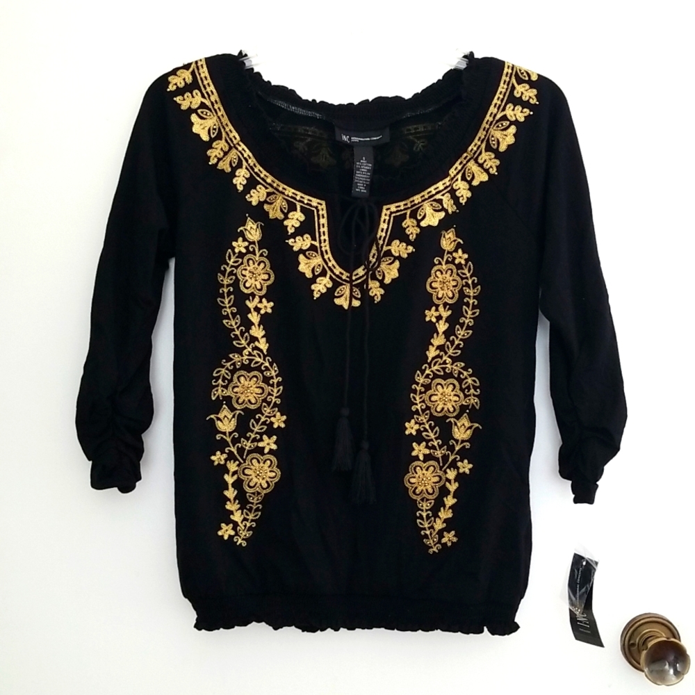 NWT INC International Concepts Black Top w Gold Embroidery